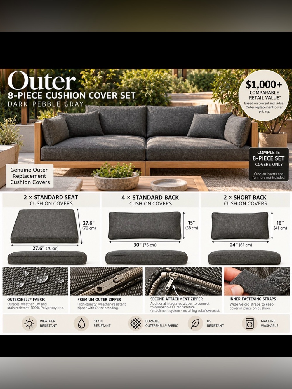 Outer 8-Piece Cushion Cover Set – Dark Pebble Gray – New